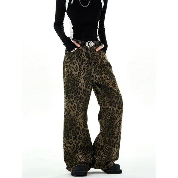 Y2K Leopard Jeans Women Men Baggy Cheetah Print Straight Leg Denim Casual - Picture 3 of 7